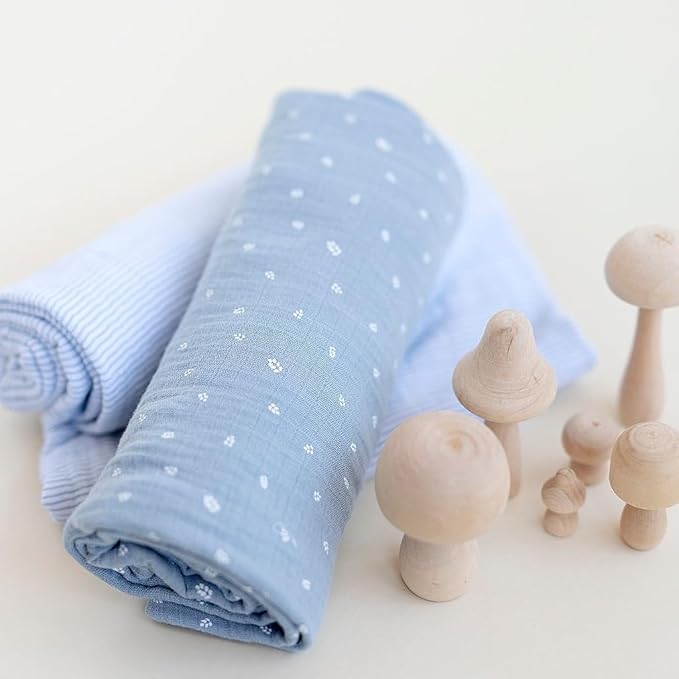 Ely's & Co. Muslin Swaddle Blanket 2-Pack — 100% Cotton Muslin Extra-Large Swaddle Blankets (47” x 47”) Solid Blue + Printed Blue Leaf