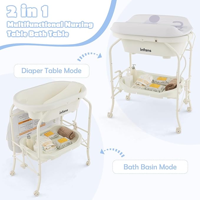 INFANS 2 in 1 Baby Changing Table with Bath Tub Unit, Folding Diaper Dresser Station with Wheels Waterproof Pad Storage Rack, Portable Nursery Organizer Stand for Newborn Infant (White)