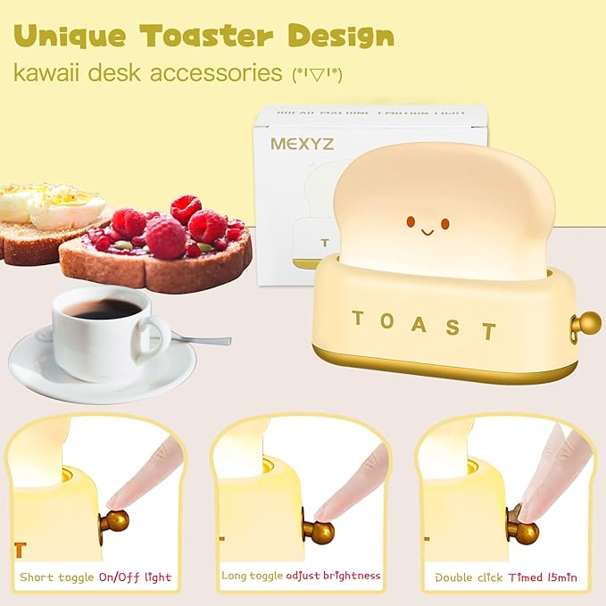 Cute Desk Decor Toaster Lamp, Kawaii Accessories Small LED Night Light for Kids Teen Girls, Room Decor Toast Lamp for Bedroom, Bedside, Living Room Aesthetic Stuff, Gift