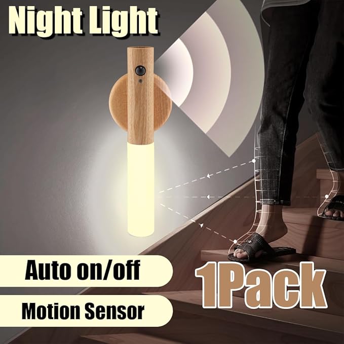 LANDGOO Nursery Night Lights 2 Pack - Baby Safe Motion Sensor with 2700K Warm Glow, Ash Wood Rechargeable Lamps for Bedroom & Nursery (Child-Safe Dual Room Coverage)