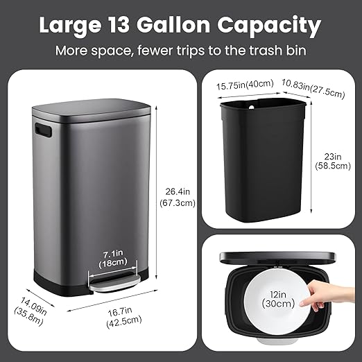 ELPHECO Kitchen Trash Can with Lid Soft Close, 13 Gallon / 50L Stainless Steel Pedal Garbage Can, Heavy-Duty Step Wastebasket with 20 Bags, Removable Bucket, Home Office, Titanium Black