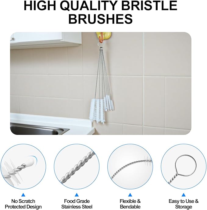 8 Pack Straw Brush Cleaner with Different Diameters (3mm-30mm) - 12" Long Nylon Brush for Water Bottles, Baby Bottles, Sippy Cups & Tumblers | Reusable Tube Cleaner for Straws and Narrow Pipes