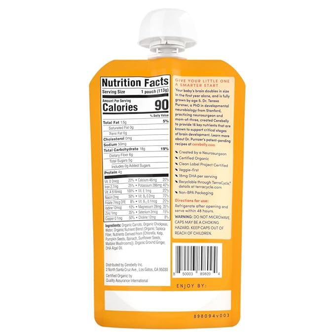 Cerebelly Baby Food Pouches, Veggie Purees for Toddlers, No Added Sugar, Fiber, Non-GMO, 4 Ounce BPA-Free, Carrot Chickpea, 18 Count