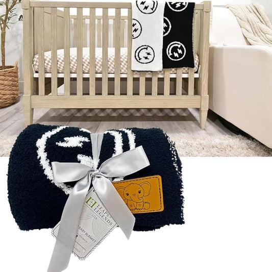 Smiley Face with Lightning Bolt Eyes Baby Blanket 28"x40" - DreamSoft Throw for Crib, Stroller or Car Seat -Receiving Blanket/Newborn Nursery Gift for Toddler, Infant, Kids, Boys & Girls (Black/White)