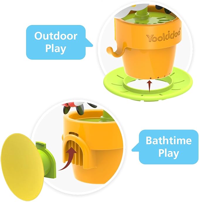 Yookidoo Watering Can Baby Bath Toy (Ages 1-3) Spinning Lady Bug & Tipping Bird Toy With 3 Moving Pieces (Mold Free) - Attaches To Tub Wall For Easy Toy Holder and Storage - For Toddler Bath Time