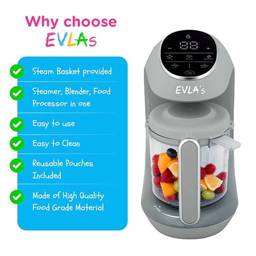 EVLA'S Baby Food Maker, Steamer, Blender, Baby Food Processor for Healthy Homemade Baby Food in Minutes, Touch Screen with 6 Reusable Food Pouches, Baby Registry Essential, Grey