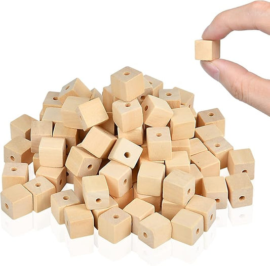 Supkiir Wood Craft Cubes, 100Pcs Wooden Craft Blocks with Holes, Unfinished Wood Cubes for DIY Projects Alphabet, Small Wooden Square Blocks (0.47in-12mm)