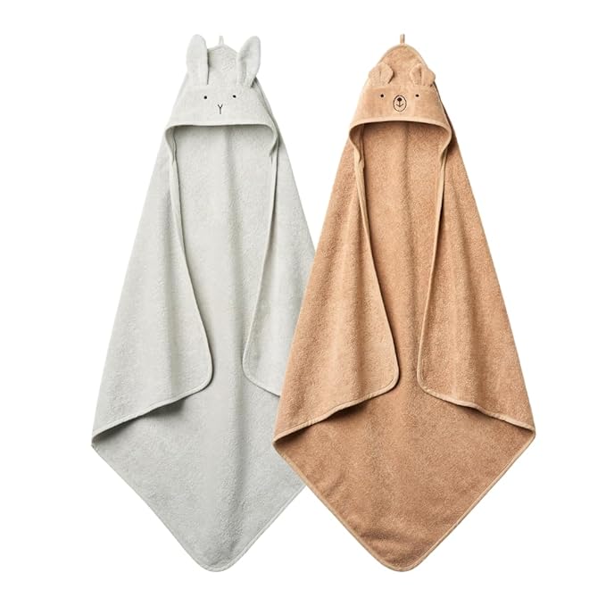 Baby Hooded Towel – Organic Cotton Baby Bath Towels, 32" x 32" Super-Soft and Absorbent Baby Towels for Newborn 2-Pack (Rabbit Grey/Bear Natural)