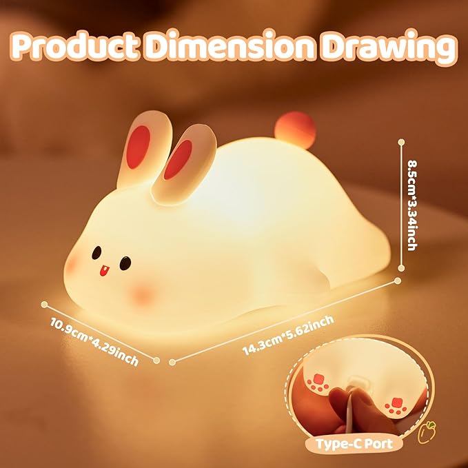 Big Face Rabbit Silicone Night Light for People - Squishy Bunny LED Lamp with Soft Touch, USB Rechargeable & Touch Control - Cute Decorative Bunny Light for Room.
