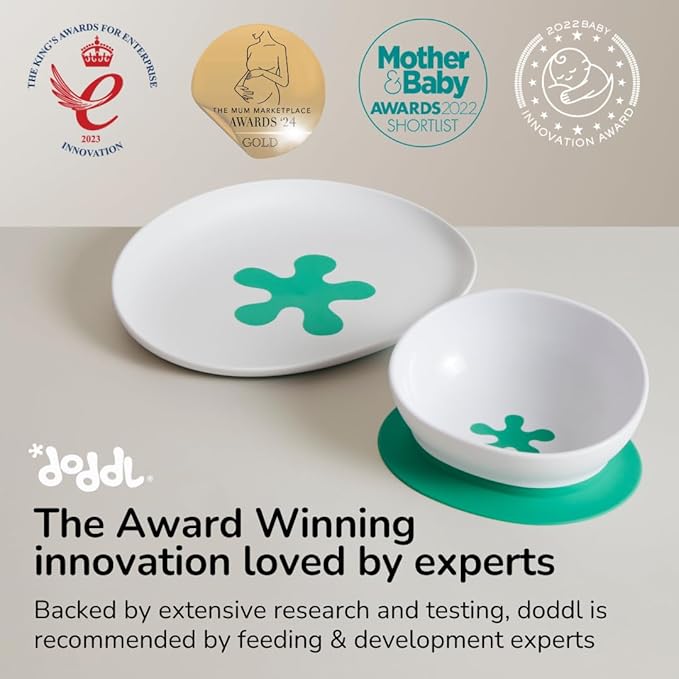 doddl Baby and Toddler Plate, Non-Slip Base, Ergonomic Toddler Dishes for Self Feeding, 1-3 Year Olds, Dishwasher Safe, BPA Free (White & Aqua)