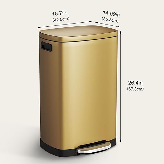 ELPHECO Kitchen Trash Can with Lid Soft Close, 13 Gallon / 50L Stainless Steel Pedal Garbage Can, Heavy-Duty Step Wastebasket with 20 Bags, Removable Bucket, Home Office, Kitchen, Titanium Gold