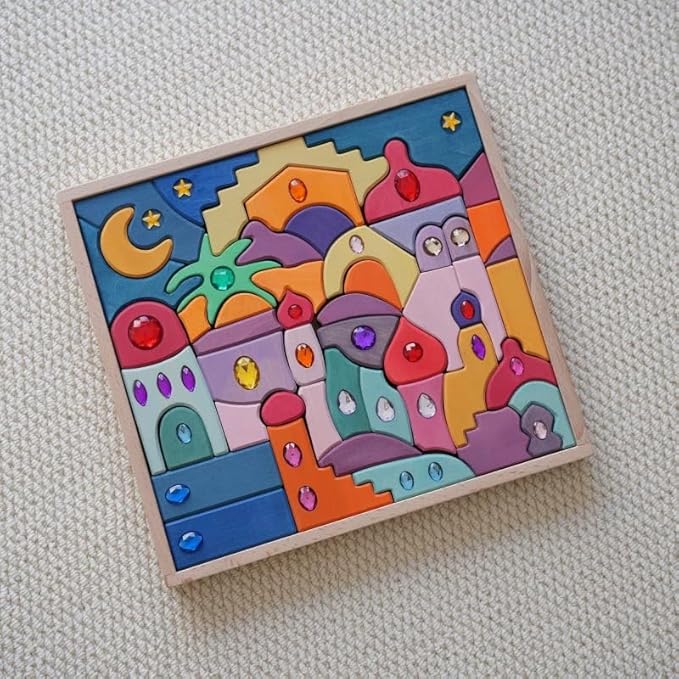 52PCS Wooden Acrylic Gem Blocks, Translucent Cubes Stacking Toys Natural Wood Creative Game Blocks Educational Toys for Children (Moon Beach Gemstone Blocks)