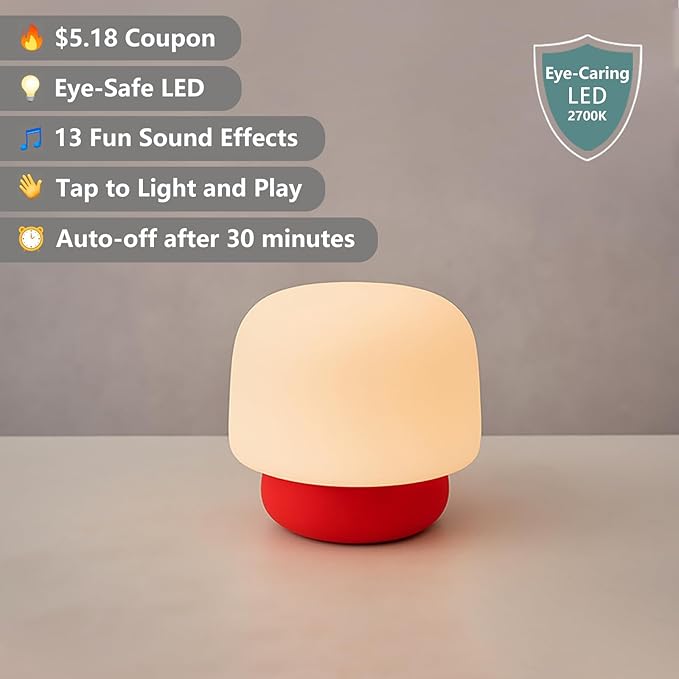 Mushroom Night Light for Kids-Gift & Toy for Kids, Touch Lamp with Sounds&Sleep Music, Squishy Silicone, Eye-Safe LED, 30-Min Timer, Dimmable Rechargeable Bedside Table Lamp – Gift for Boys & Girls