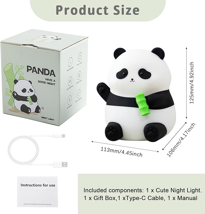 Cute Panda Silicone Night Light, LED Squishy Lamp with 12H/50H Long Battery Life, 2 Levels Brightness by Tap Control, Rechargeable Soft Light for, Kids Bedroom Decor & Gifts for Boys Girls