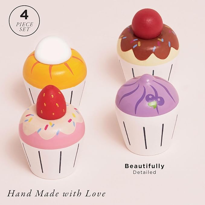 Le Toy Van - Adorable Honeybake Petit Four Cupcakes | Childrens Wooden Food Pretend Toy Cakes | Birthday Cake Or Afternoon Tea Role Play Toy (TV331)