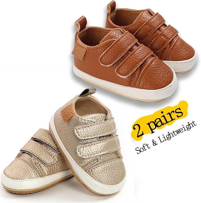 2Pairs Baby Shoes,Boys Girls Non-Slip Rubber Sole Sneakers,Unisex Infant Soft Lightweight First Walking Crib Shoes