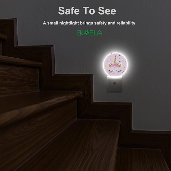 EKOBLA Unicorn Pink Night Light Gold Golden Polk Dots Stars Night Lights Plug into Wall with Dusk to Dawn Sensor Round LED Lamp for Teen Girls Fun Novelty Gift