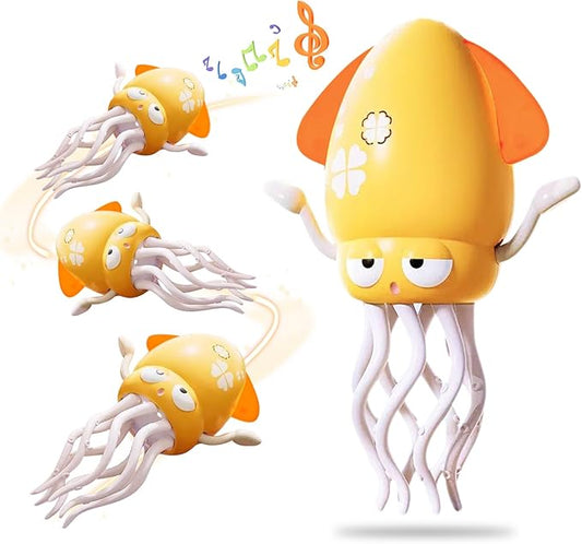 Dancing Octopus Toy Magic Electric Playful Tummy Time Toy, Auto Evasion Crawling Dancing Octopus with Fishing Rod for Baby Toddlers for 3 4 5 6 Year Old Kids Boy Girl Birthday Gifts (Yellow)