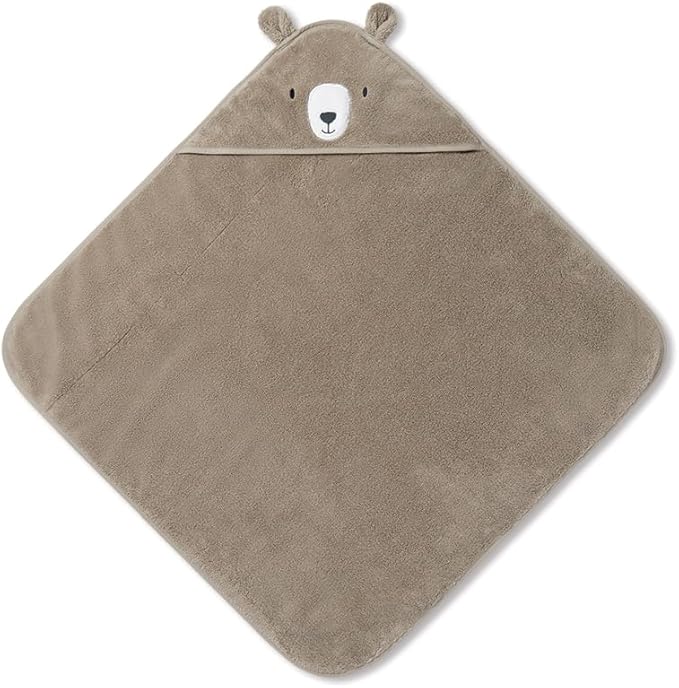 MORI Baby Hooded Bath Towel with Bear Design in Taupe - Unisex Soft Cotton Wrap Cloth for Infants and Newborns - 30 x 30”