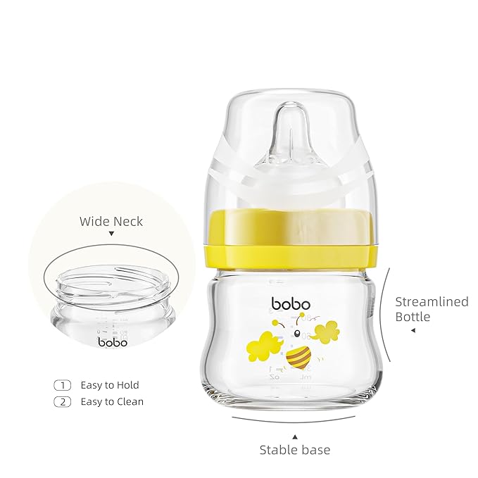 YOHKOH Glass Baby Bottles with Slow Flow Nipple, Newborn Anti-Colic Baby Bottles for 0+ Months, Wide Neck Feeding Bottle, Clear (Yellow, 2.7oz (Pack of 4))