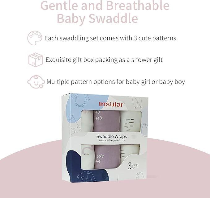 insular Baby Swaddle Wrap, Swaddle Blanket for Newborn and Infant, Adjustable Velcro Swaddling Set for Boy and Girl, Soft Cotton Baby Sleep Sack 3 Pack, Beige Swan, Medium(3-6 Month)