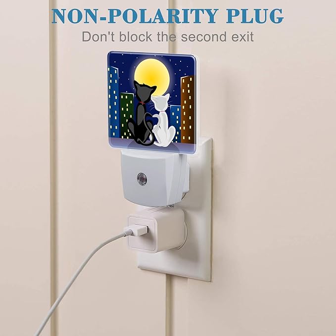 Night Light for Kids Girls Boys, Romantic Couple Cats Under Moon LED Night Light Plug into Wall with Dusk to Dawn Sensor for Room Decor, Hallway, Kitchen, Bathroom, Nursery, Stairs