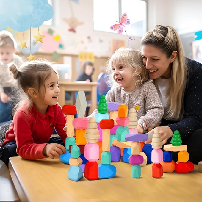 Wooden Stacking Rocks - 40 Pcs Montessori Sensory Learning Toys for Kids 3-9 | Balance Building Blocks Educational STEM Toys for Boys Girls