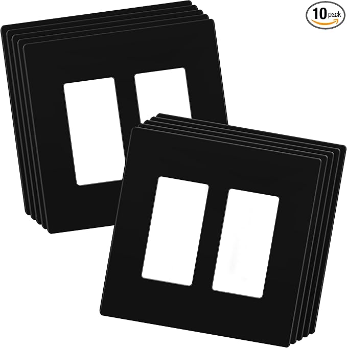 LIDER Matte Finish Double Decorator Switch Cover, Screwless Wall Plate, Mid-Size 2-Gang 4.88" x 4.92", Unbreakable Polycarbonate Thermoplastic, UL Listed, LSWP-32M-BK10P, Black, 10 pack