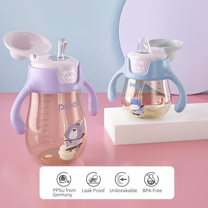 POTATO Sippy Cups For Toddlers with Straw Spill Proof, PPSU Learner Cup with Handle for Girl, Water Bottle for Baby 6 Months with 2 Type of Spout, 6 Ounce Pink
