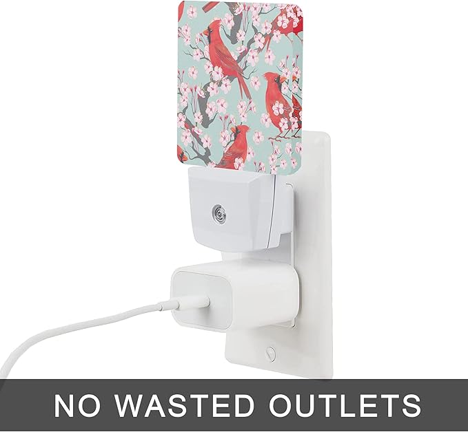 Red Cardinal Night Light,Blooming Cherry Night Lights Plug into Wall for Boys Girls, Led Lights Indoor Home Decor 0.5W Nightlight Sleep Friendly