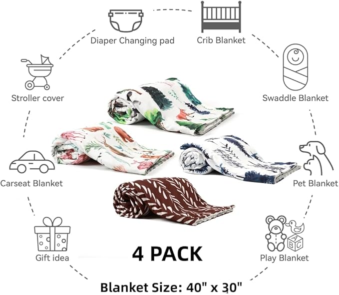 4 Pack Soft Woodland Baby Blankets（30“X40 for Unisex Girls or Boys Breathable Gender Neutral Nursery Double Layer Blankets with Dotted Backing and Animals Printed for Newborn Toddlers (Animal Print)