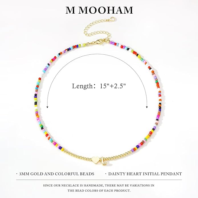 M MOOHAM Stocking Stuffers for Teen Girls Christmas Gifts - Heart Initial Necklaces for Women Kids Colorful Beaded Tiny Heart Initial Choker Necklace Jewelry for Teen Girls Trendy Birthday Gifts