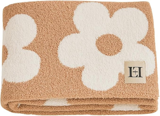 Retro Daisy Flower Baby Blanket 28"x40" - DreamSoft Throw for Crib, Stroller or Car Seat - Soft Receiving Blanket/Newborn Nursery Gift Essential for Toddler, Infant, Kids, Boys & Girls (Cafe/White)