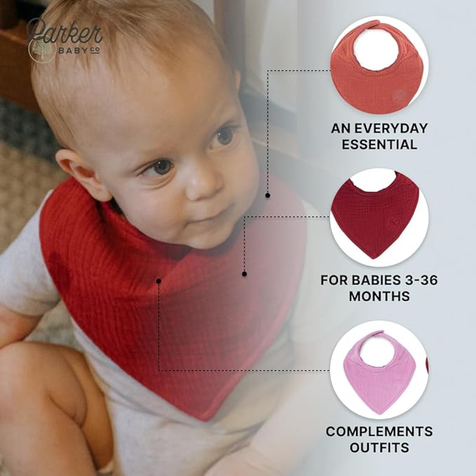 Parker Baby Muslin Bandana Drool Bibs | 100% Soft Muslin Cotton, Absorbent & Adjustable | Stylish Teething & Drooling Bibs
