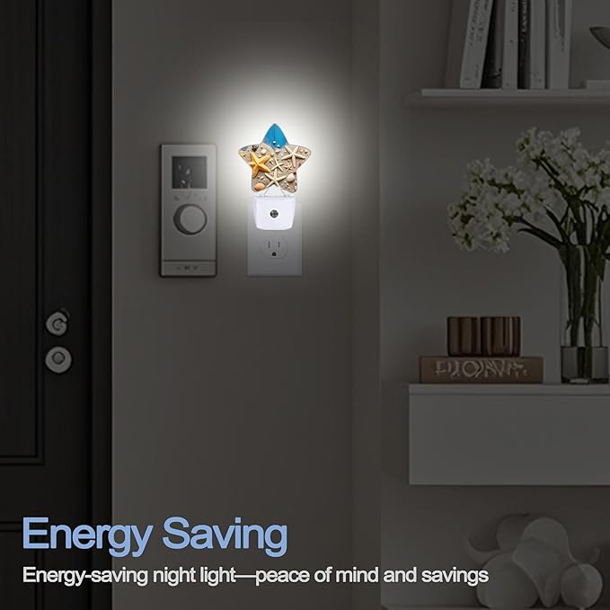 Coastal Seashell Starfish Night Lights Plug Into Wall,Blue Wooden Star Night Light for Kids,Nightlight with Dusk to Dawn Smart Sensor for Bedroom Bathroom Decor,Children Women Men Gift