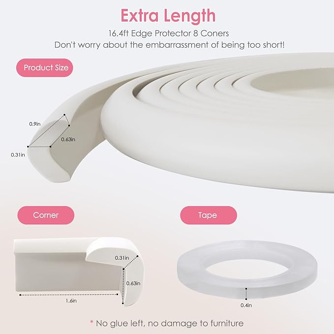 Baby Proof Corners and Edges, (Large 16.5FT Edge +8 Corners) Baby Proofing Corner Guards, Soft Rubber Foam Edge Protector, Furniture Tables Bumper Guard for Baby Safety, Cream