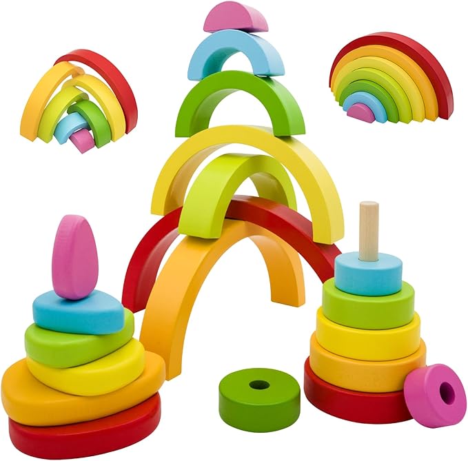 Montessori Wooden Rainbow Stacking Toys for Baby Grimms Wood Building Blocks Nesting Puzzle Toy Colorful Stacker Arch Game Sensory Educational Learning Toys for 3-5 5-8 Year Old Toddler