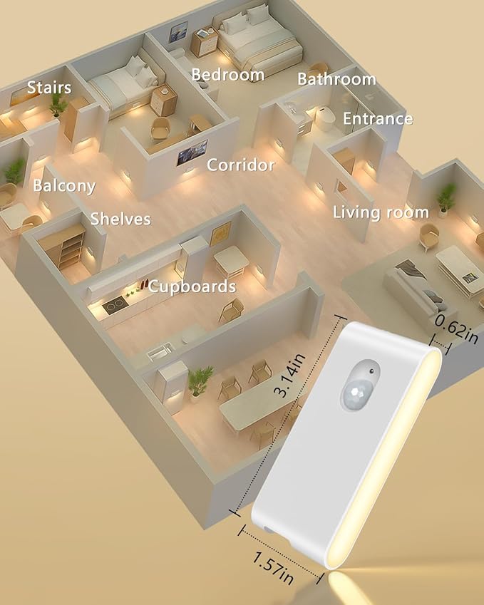 WILLED Stair Lights Indoor,Warm White Rechargeable Night Light,Wireless Motion Sensor Night Light,Battery Stick On Lights for Stairway,Hallway,Kitchen,Closet,Cabinet,Bedroom,Kids' Room(4-Pack)