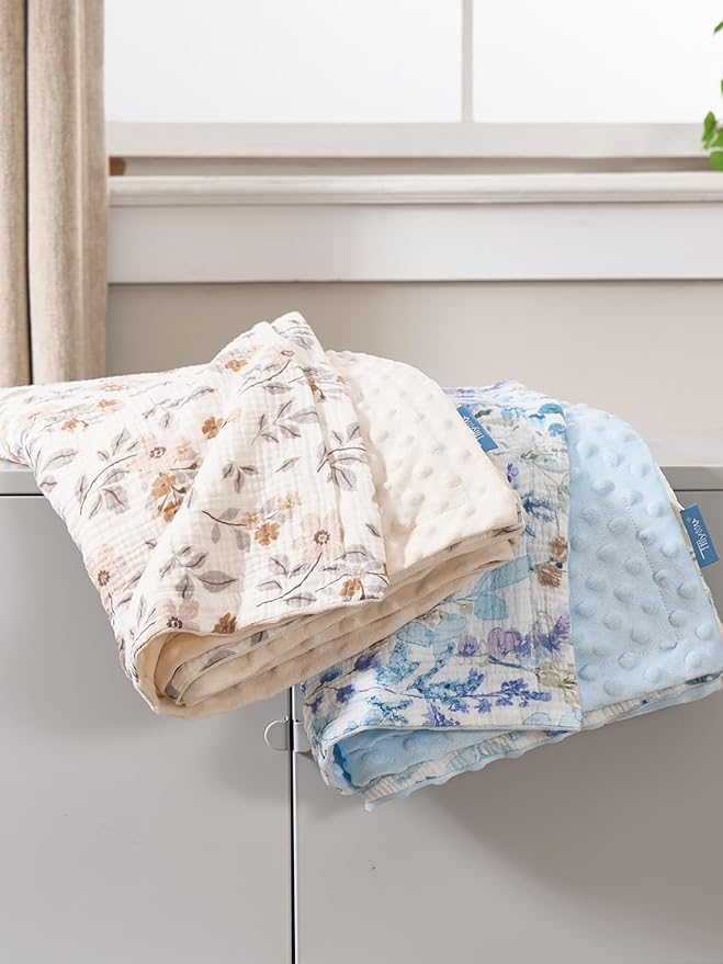 TILLYOU Baby Blankets for Girls Boys, Receiving Baby Blanket with Double Layer Soft Plush, Minky Muslin Cotton Front and Dotted Backing 30"x40", Blue Flower