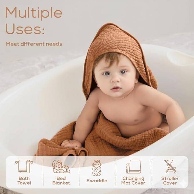 Muslin Hooded Baby Towels for Newborns, 32"x32", 100% Cotton – 6 Layers Super Soft Absorbent Breathable, Baby Bath Towel, Toddler Bath Towel – Pack of 2