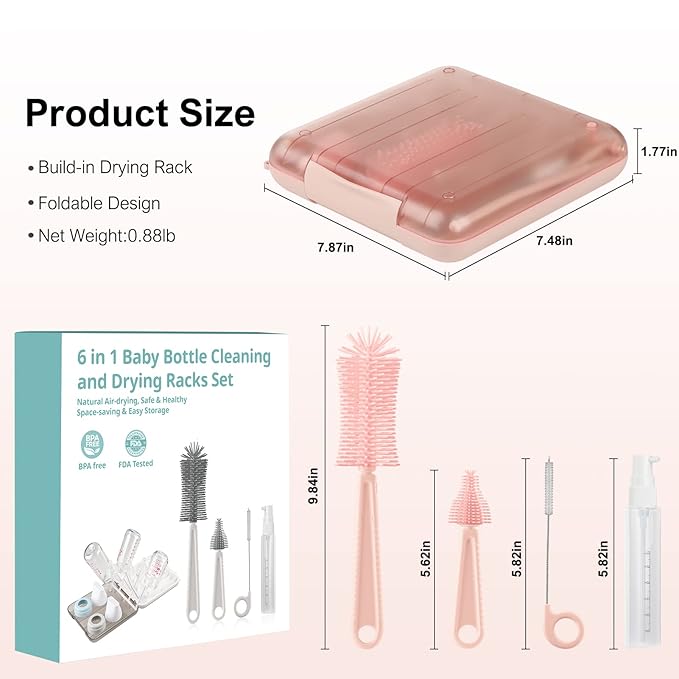 6 in 1 Baby Bottle Cleaner Set with Drying Rack,Silicone Baby Bottle Brush,Straw Brush,Nipple Brush,Soap Dispenser and Storage Box, Portable Baby Essentials for Home&Travel(Pink)