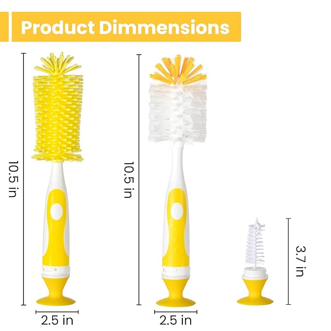 Baby Bottle Brush Set - Nylon & Silicone Bottle & Nipple Brush, BPA-Free (Yellow)