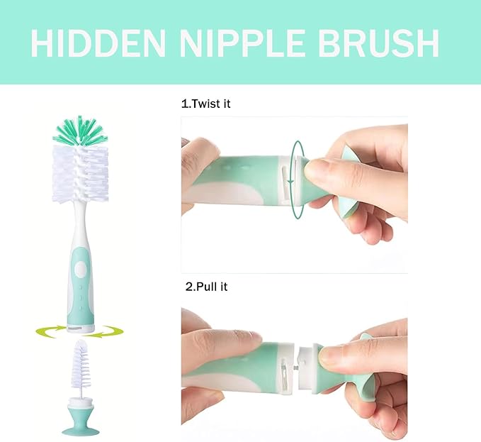 Baby Bottle Brush Set, 2Pcs Nylon Bottle Brush with Stand, 2 Hidden Nipple Brush, 2 Straw Brush, 1 Lid Brush, Bottles Brush Cleaner for Baby Bottle, BPA-Free(Green)