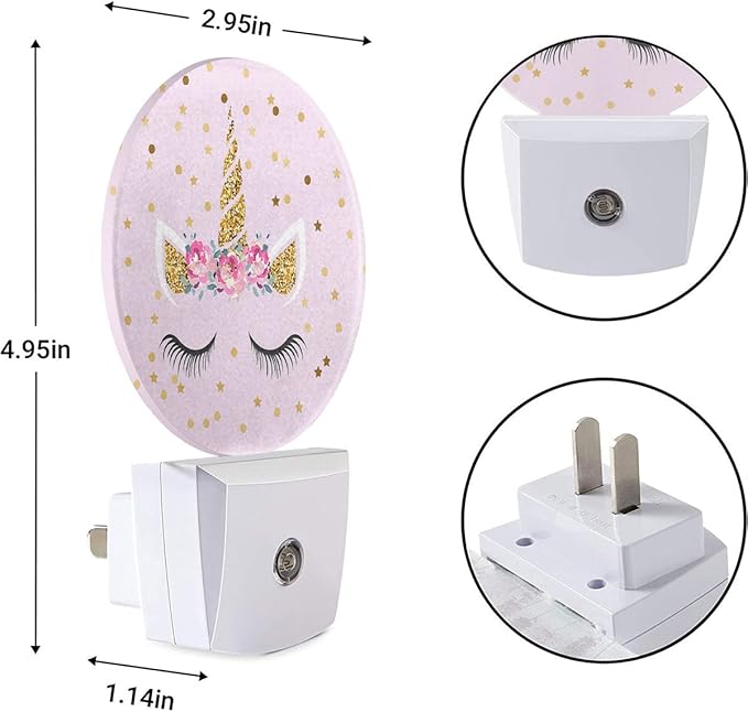 EKOBLA Unicorn Pink Night Light Gold Golden Polk Dots Stars Night Lights Plug into Wall with Dusk to Dawn Sensor Round LED Lamp for Teen Girls Fun Novelty Gift