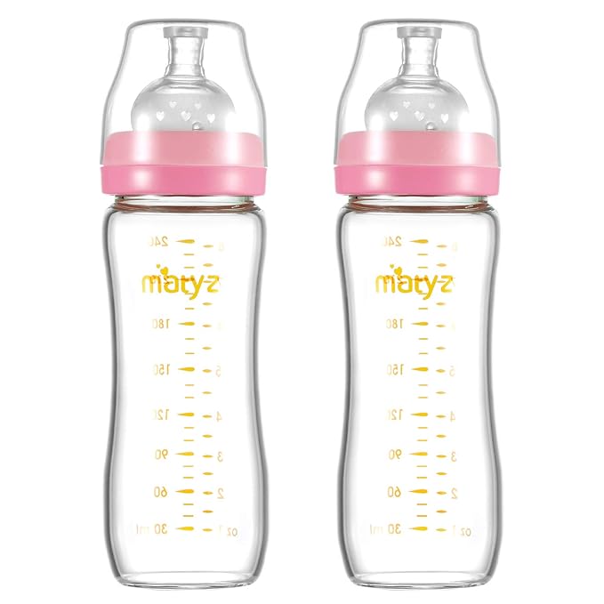 Matyz Glass Breastmilk Baby Feeding Bottle with Nipple, 2 Pack, 8 oz Slim and Light Bottle Easy to Hold, Food Grade Borosilicate Glass, Wide Neck Easy to Clean, No BPA (Pink Lids)