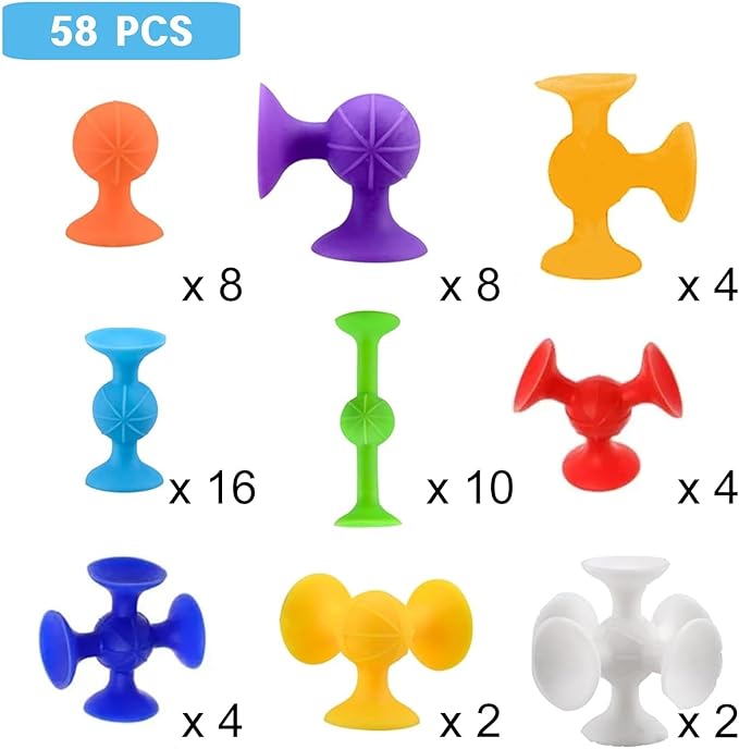 58 Piece Suction Fun Sticky Toy Set with Storage Bin, BPA Free Silicone, Stimulating Sensory Travel Bathtub Window Toys for Kids Boys Girls, Medium