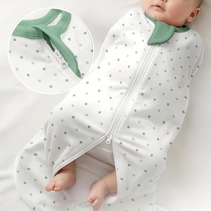 Baby Swaddle 0-2 Months, Cotton Arm-In Zipper Sleep Sack, Wearable Blankets Wrap for Newborn Infant Girls, Boys (Green Leaves, Polka Dots, Pack of 2)