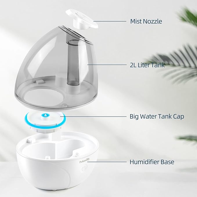 Cool Mist Humidifier for Bedroom,2L Small Humidifiers for Bedroom and Office,25dB Humidifier for Toy room and Plant,Last Up to 13H on Max Mist Setting (Light Gray)