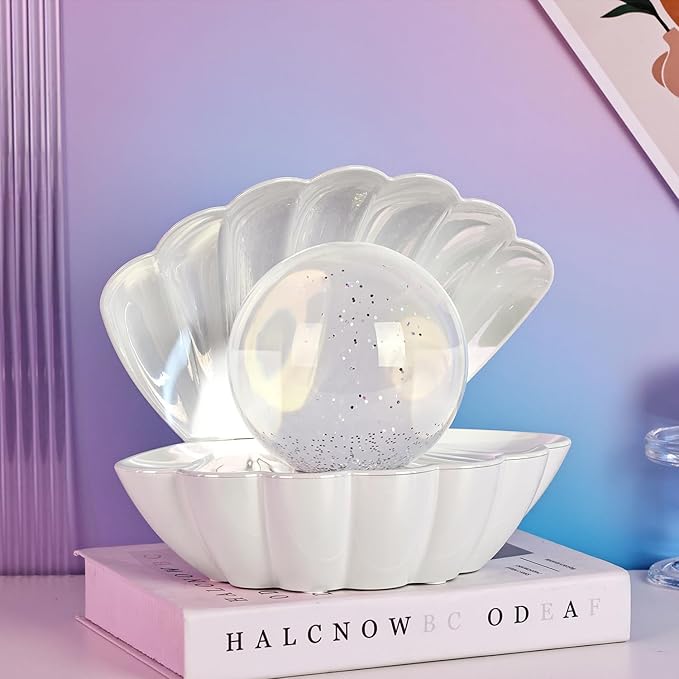 Shell Pearl Beach Themed Night Light, RGB 8 Colors Changing Mood Shell Pearl Lamps, Bedside LED Clamshell Portable Night Lights for Bar (Large White Shell)