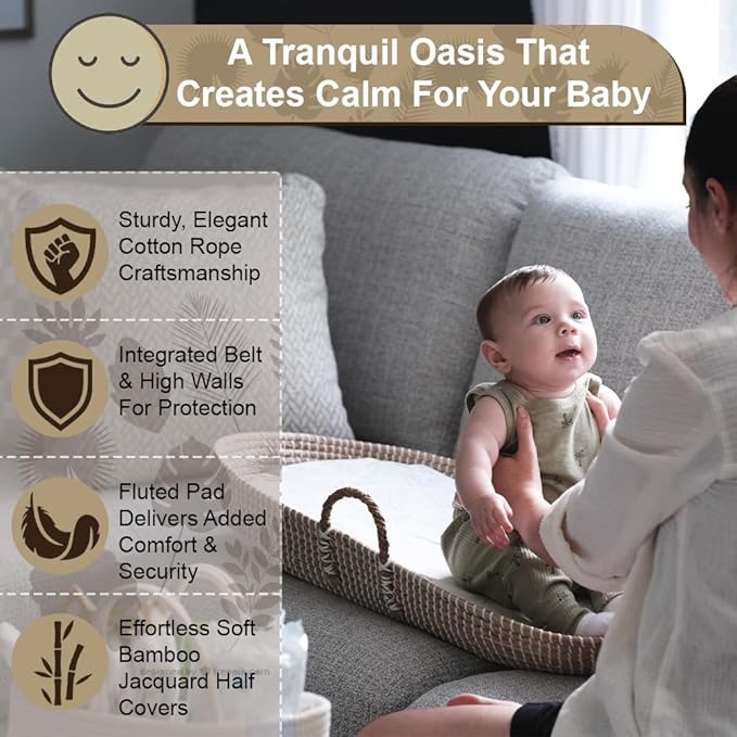 ZEAL'N LIFE Seagrass Baby Changing Basket Set – Portable Diaper Changing Station for Dresser & Table | Waterproof Changing Pad, Baby Towel & Diaper Caddy | Nursery Changing Table & Baby Gift Idea